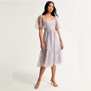 Abercrombie & Fitch Floral Puff Sleeve Dress - Light Blue and Pink